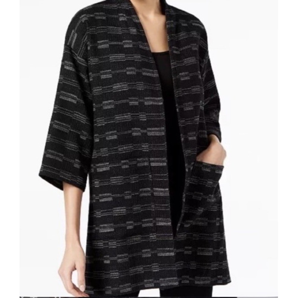Eileen Fisher S/M Open Front Kimono Jacket Black Organic Cotton Wool Cardigan